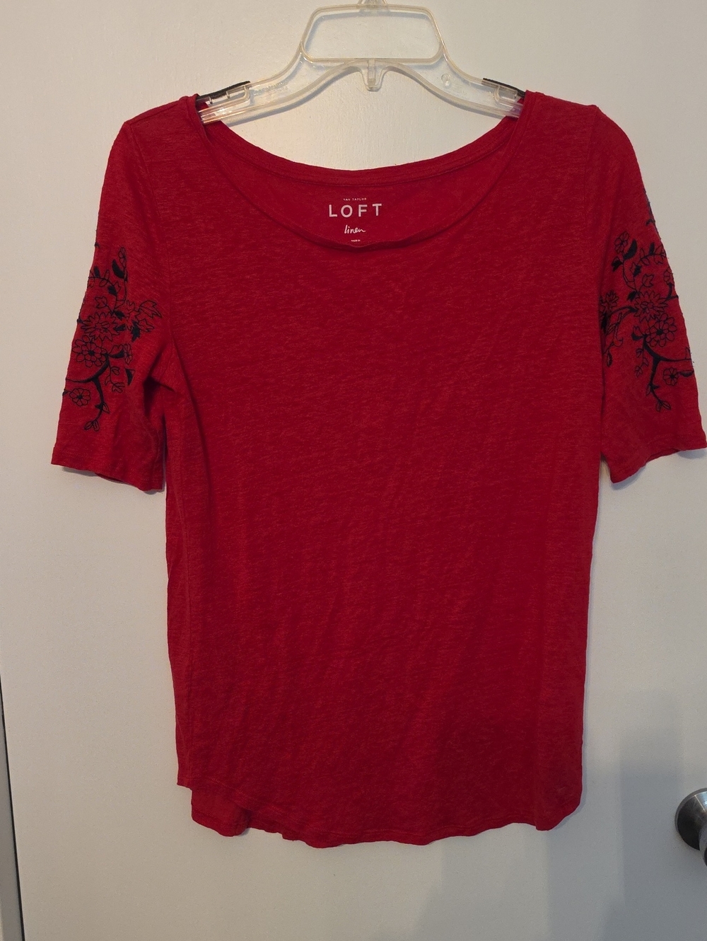 LOFT Red Short Sleeve Tee with Black Floral Sleeve Embroidery